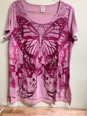 Faded Glory Pink Scoop Neck Tee with Magenta Butterfly Print